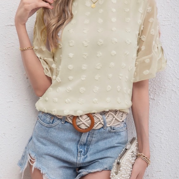 NWOT Swiss polka dot lace up sleeve women’s ladies blouse top size small beige - Picture 2 of 10